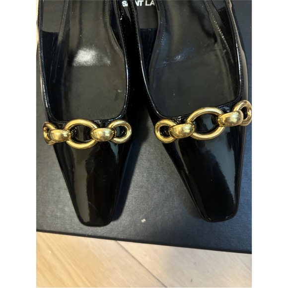 Saint Laurent Black Patent Leather Slingbacks with Gold Chain